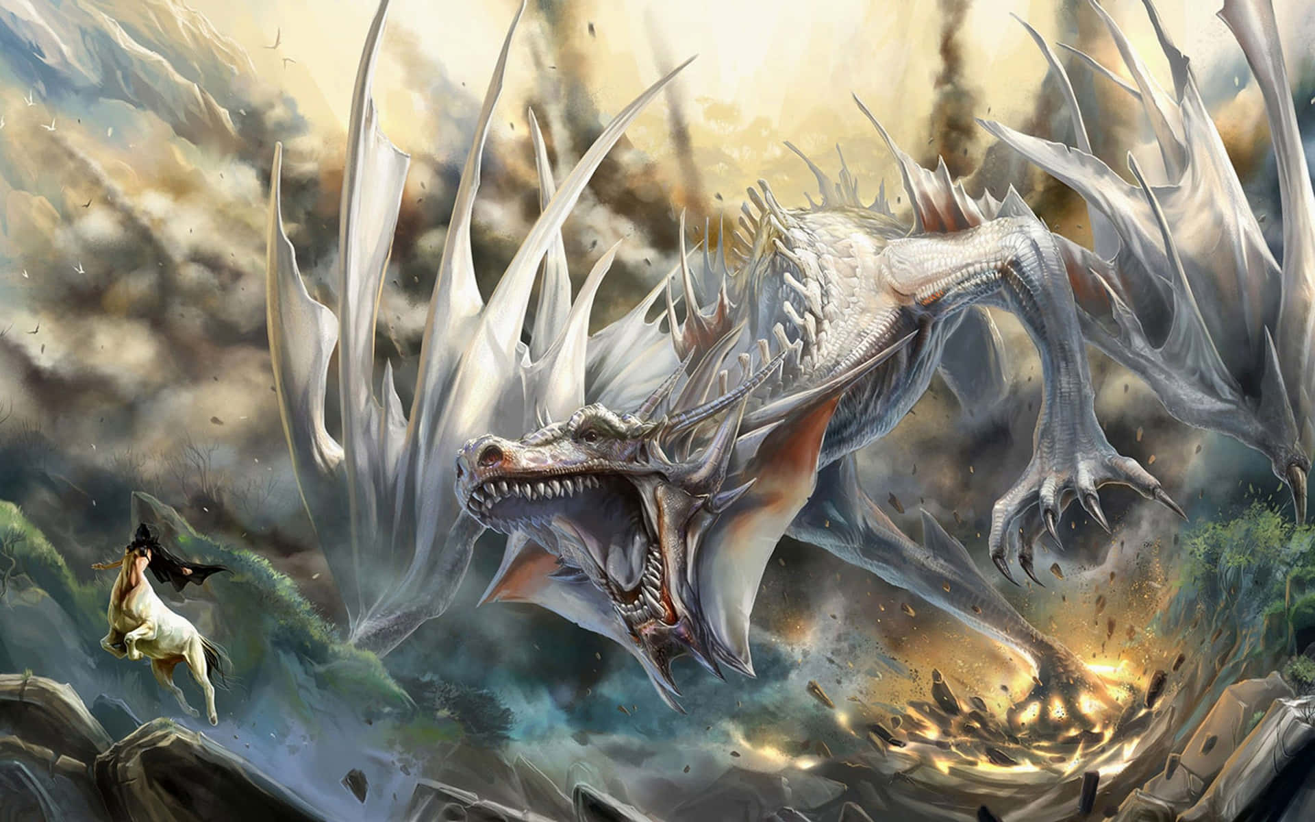 A White Dragon Is Attacking A Small Creature Background