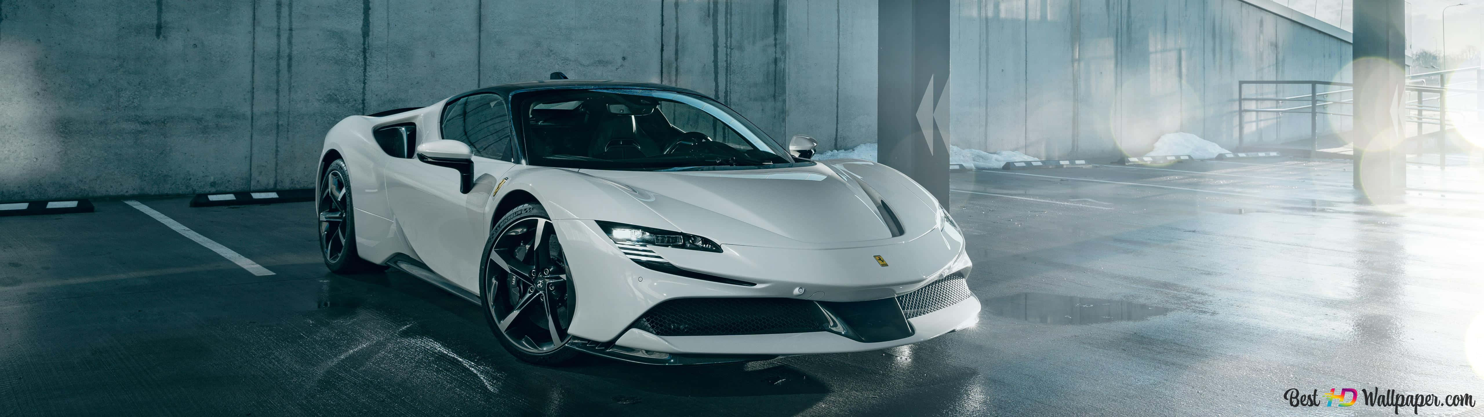 A White Ferrari Lies Parked In The Sun Background