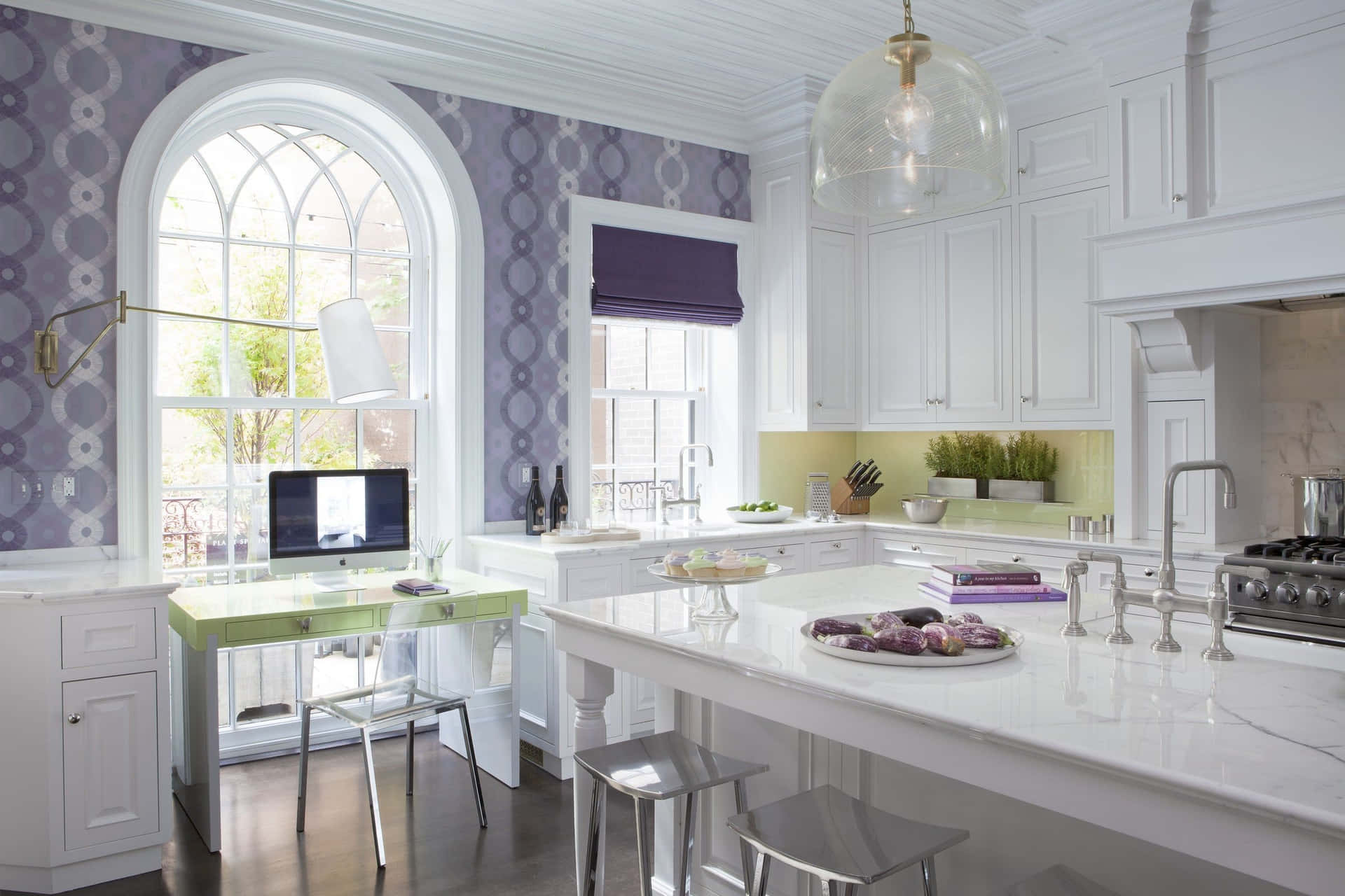 A White Kitchen With Purple Wallpaper And A Window Background