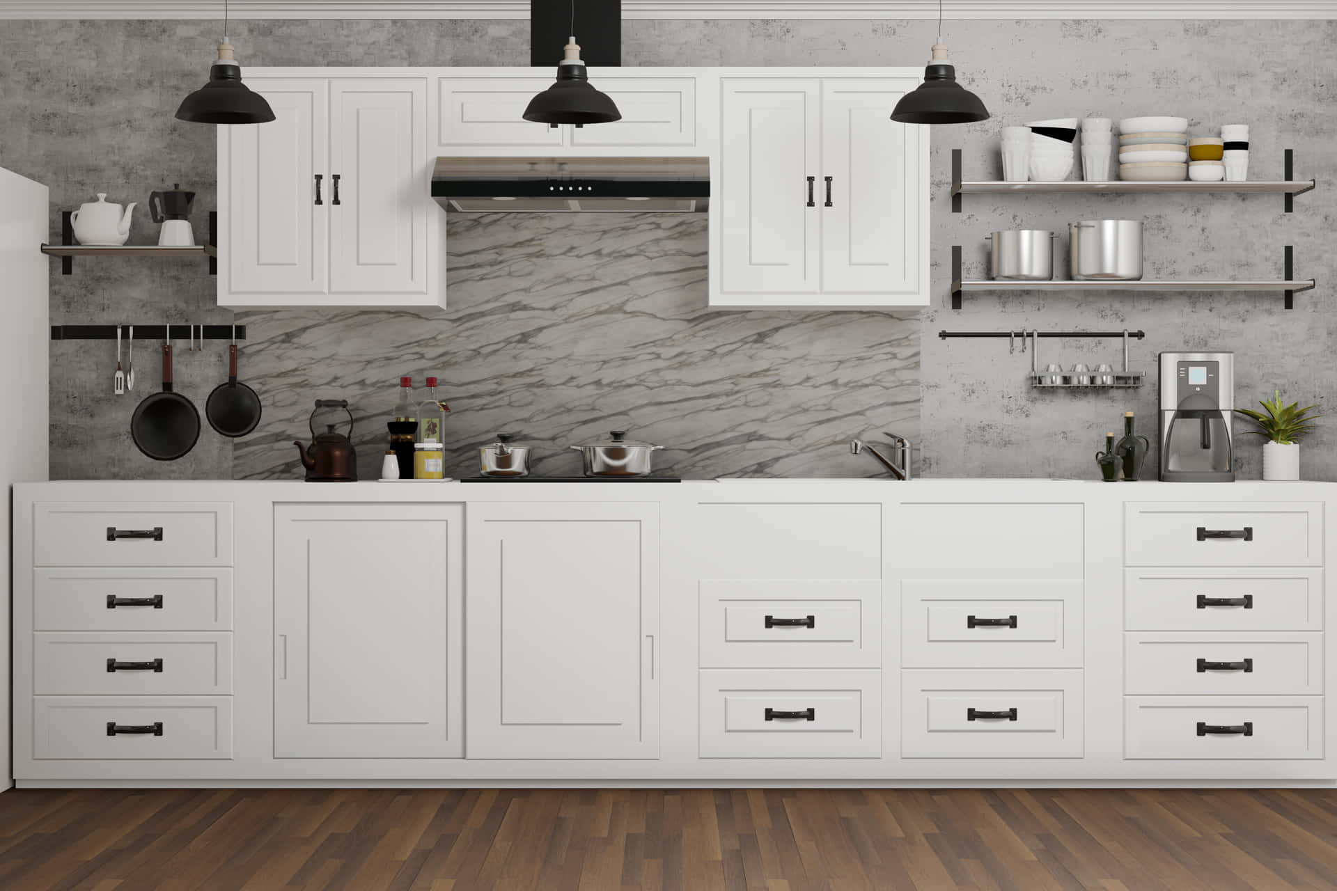 A White Kitchen With Wood Floors Background