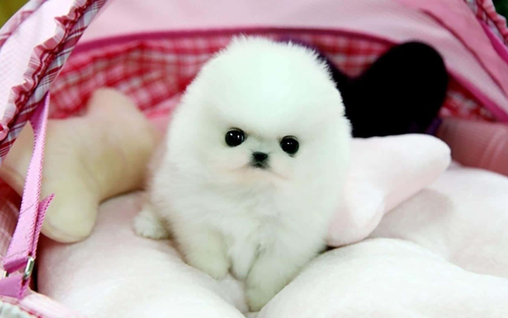 A White Puppy Is Sitting In A Pink Basket Background