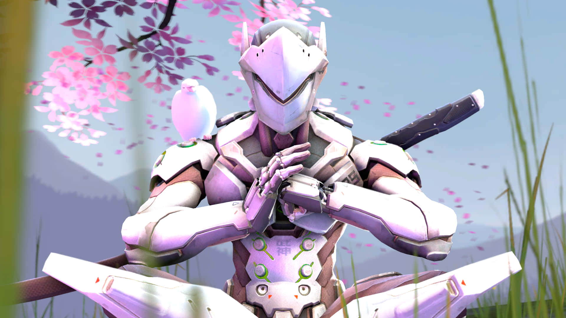 A White Robot With A Sword In The Grass Background