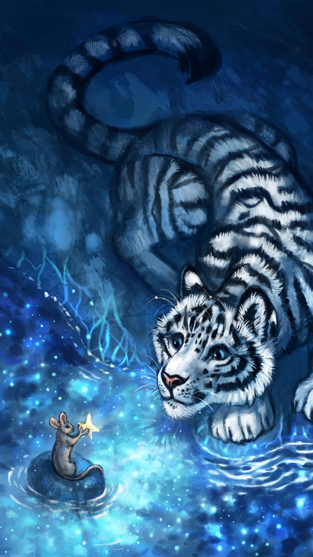 A White Tiger And A Mouse In The Water Background