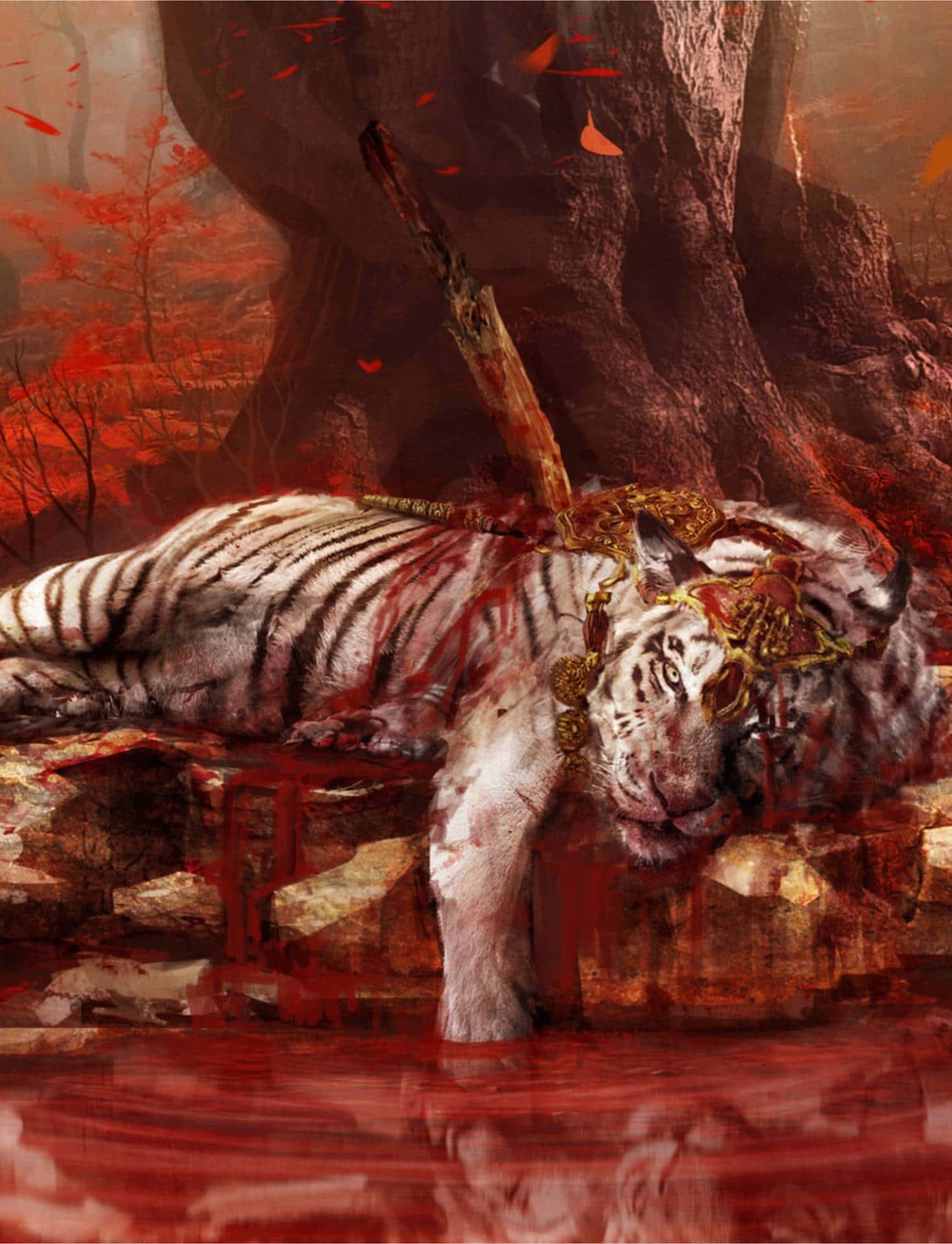 A White Tiger Lying Down In A Bloody River Background