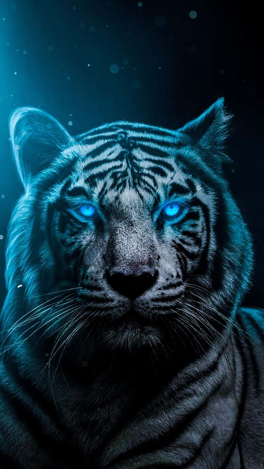 A White Tiger With Blue Eyes In The Dark Background