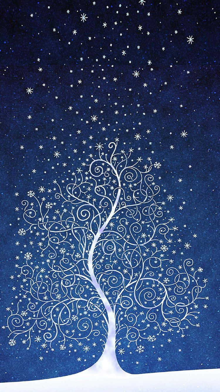 A White Tree With Stars In The Snow Background