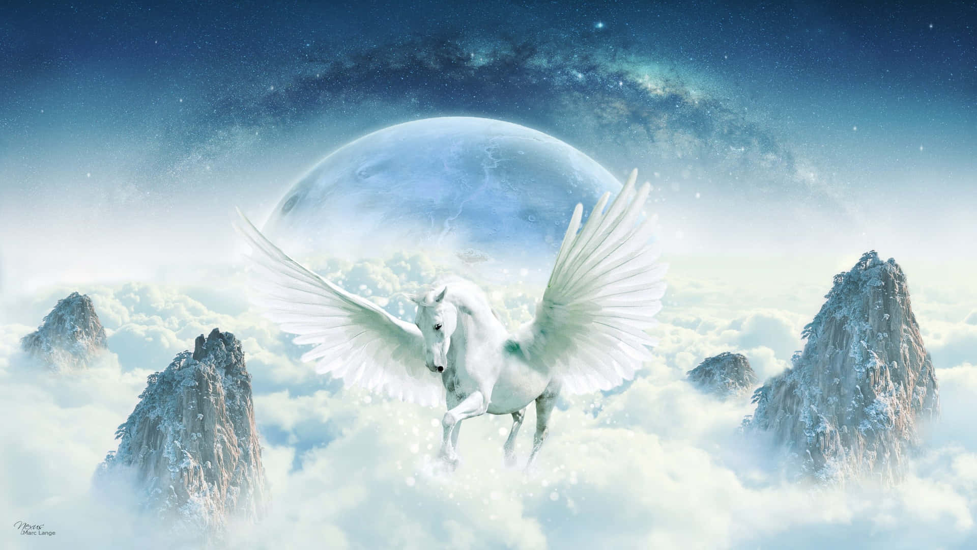 A White Unicorn Flying In The Clouds Background