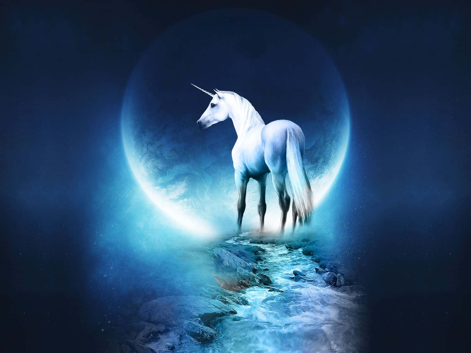 A White Unicorn Standing In Front Of A Moon