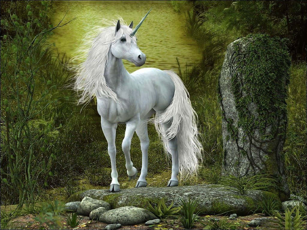 A White Unicorn Standing In The Grass Background