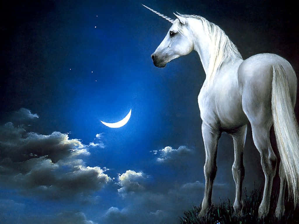 A White Unicorn Standing In The Sky With A Crescent Moon Background