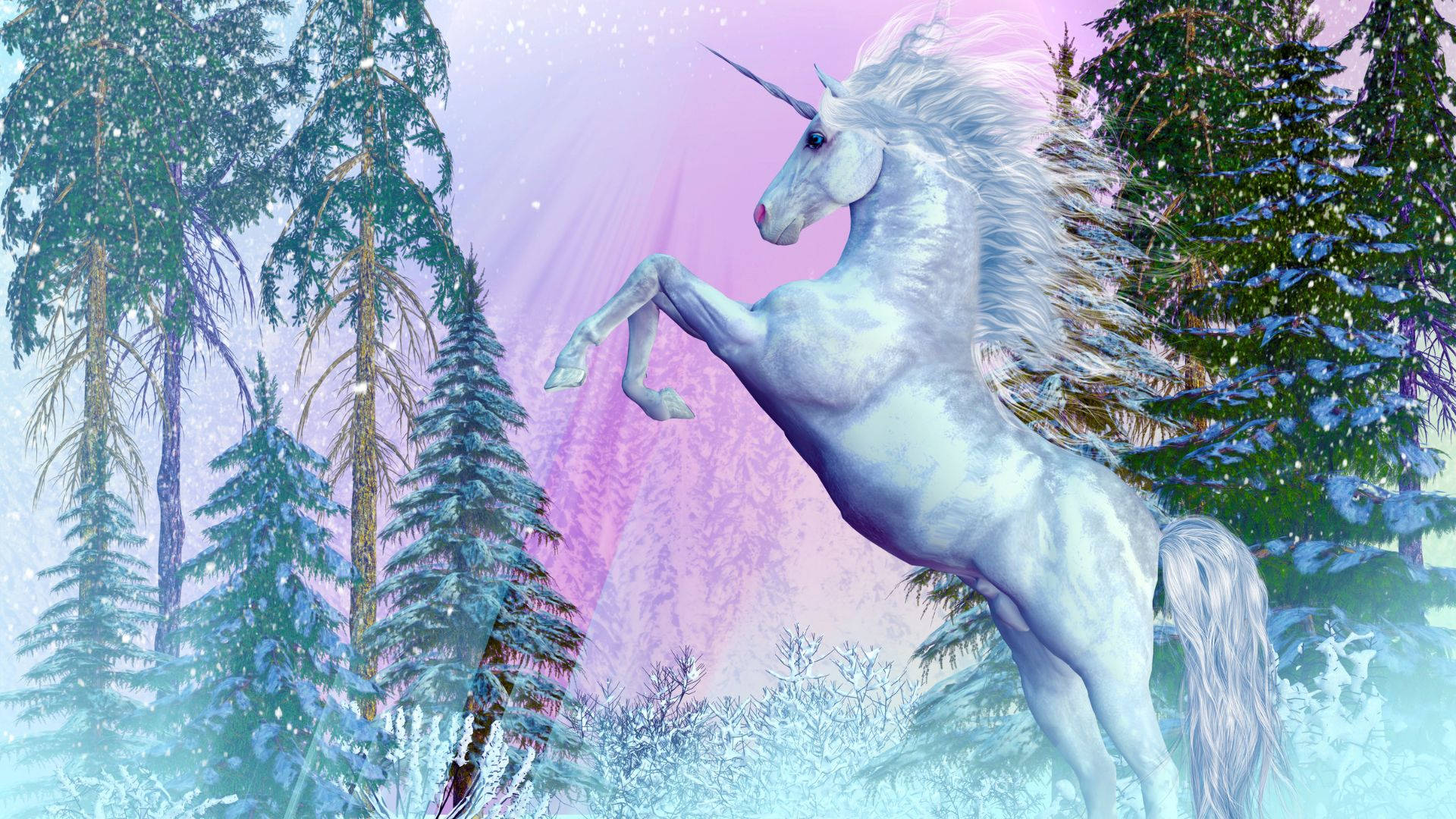 A White Unicorn Standing In The Snow Background