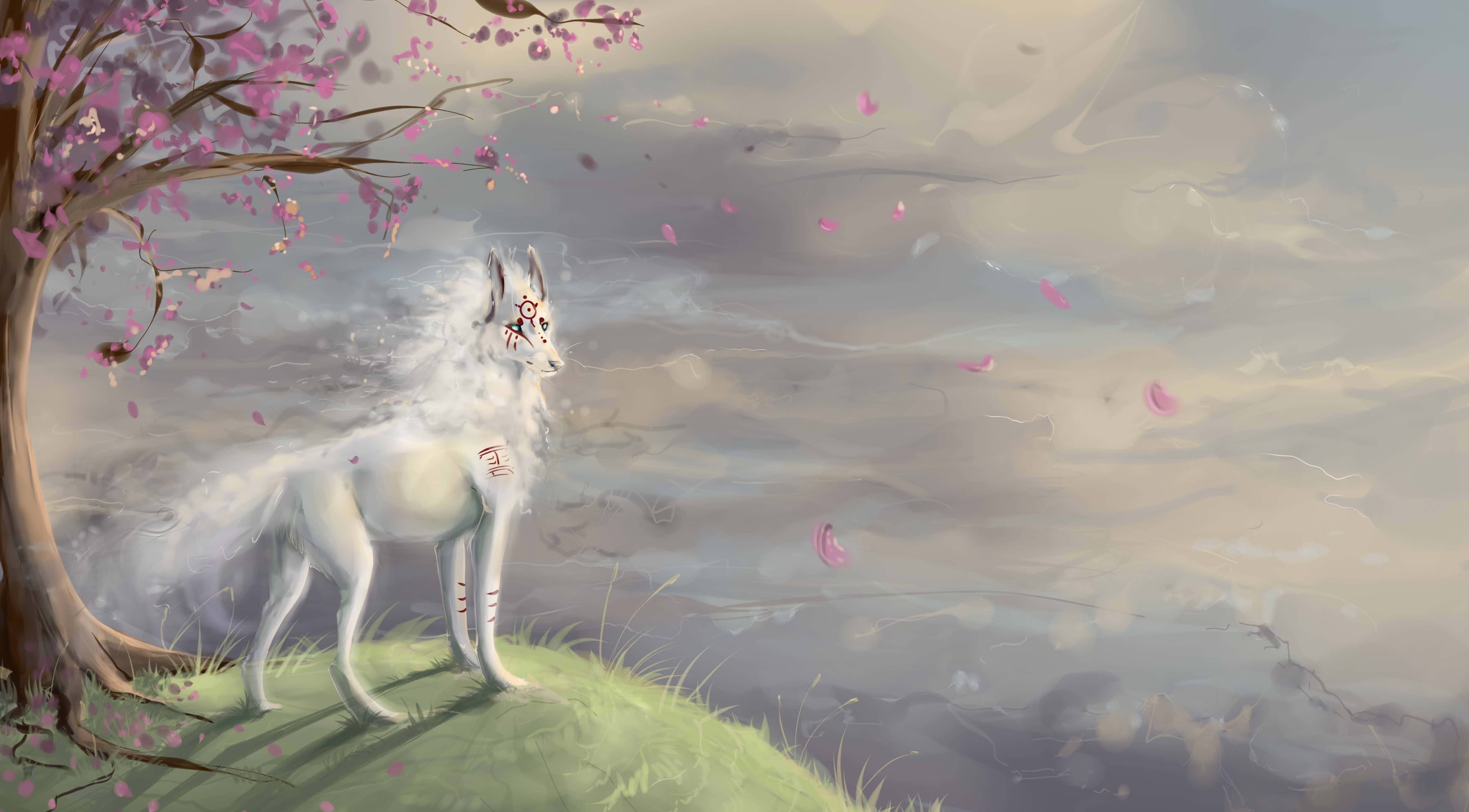 A White Unicorn Standing On A Hill With Pink Flowers