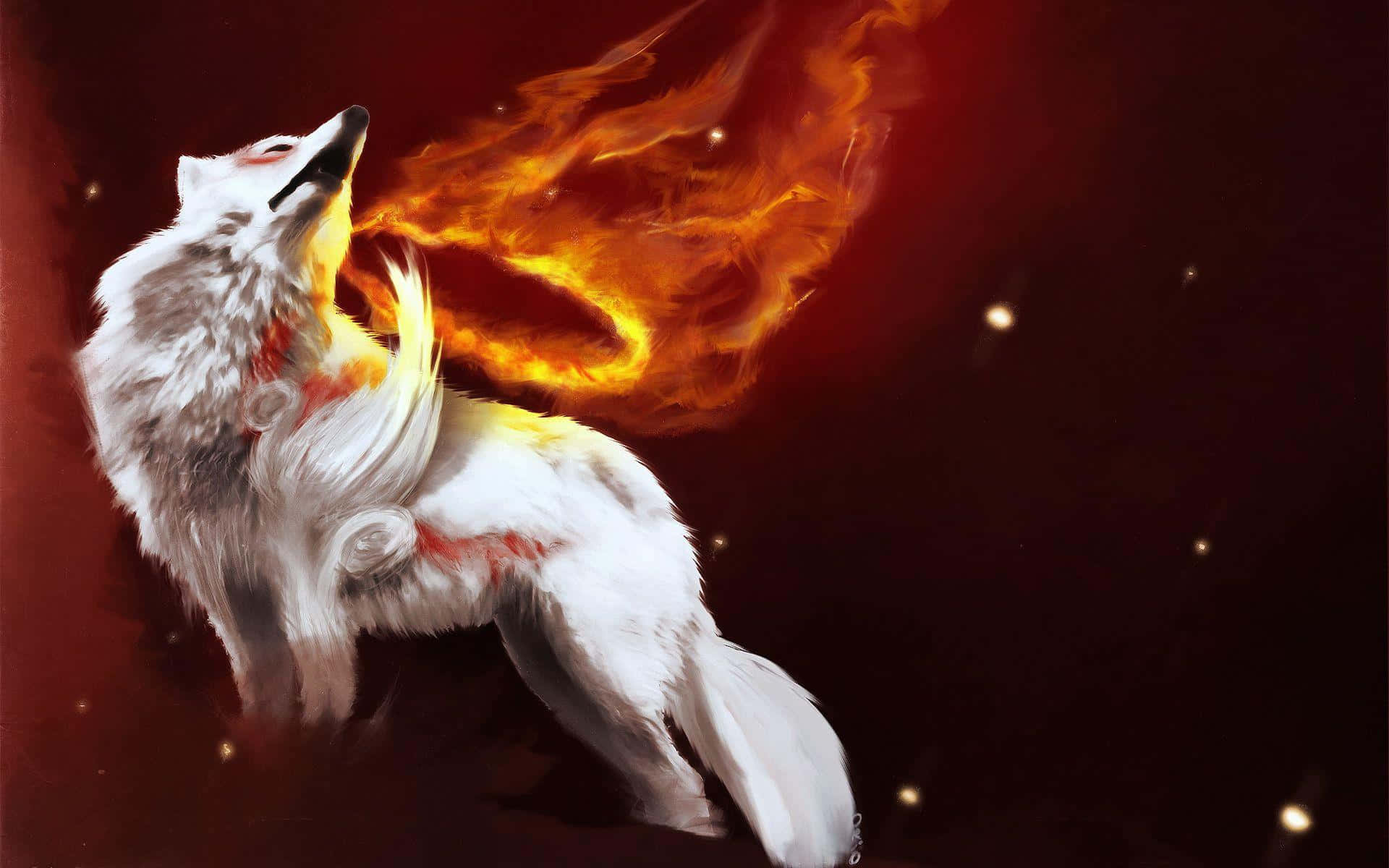 A White Wolf With Flames In Its Mouth Background