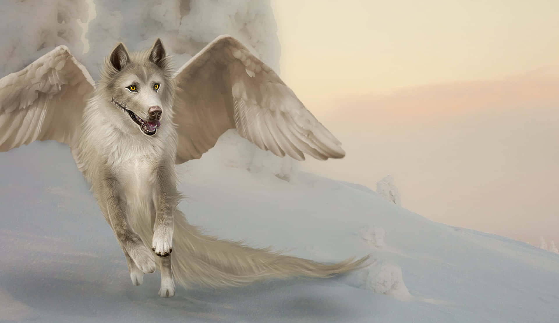 A White Wolf With Wings Flying In The Snow