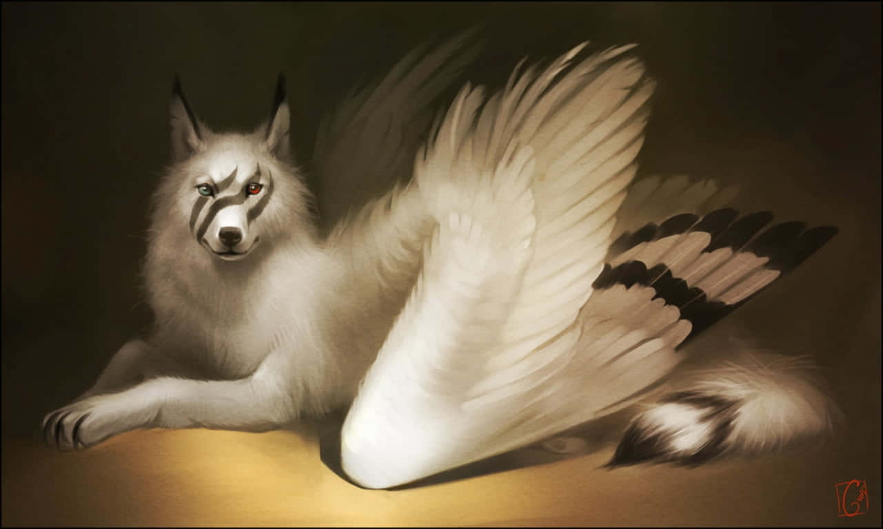 A White Wolf With Wings Laying Down