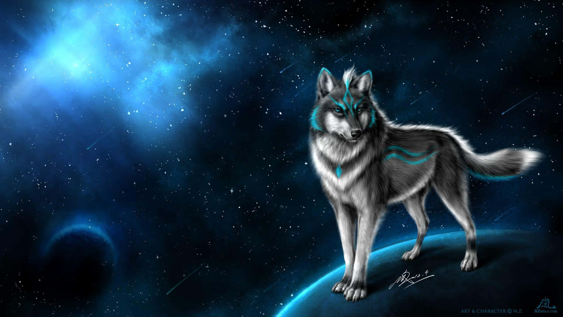 A Wild Fire Wolf Howls In The Night Sky. Background