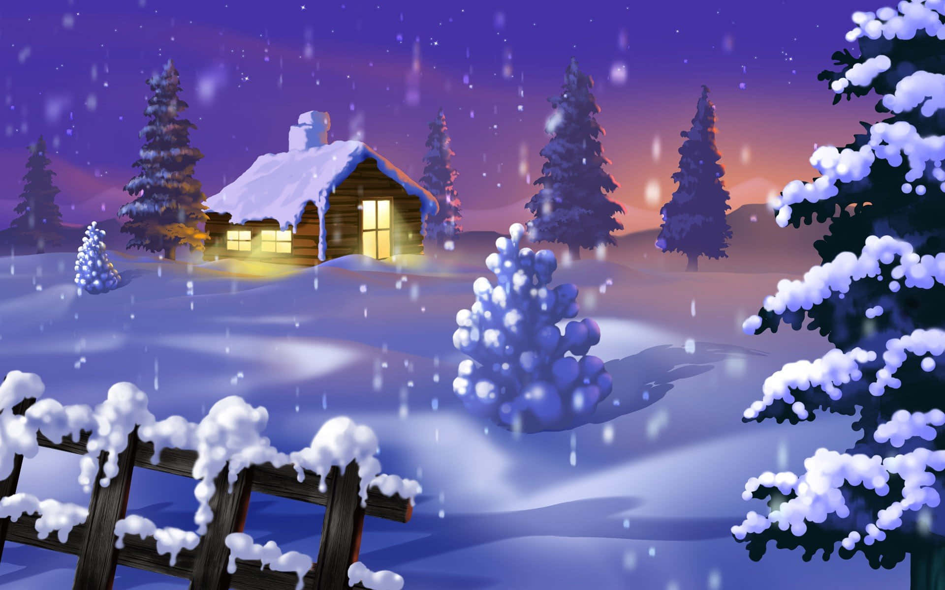 A Winter Scene With A House And Trees Background