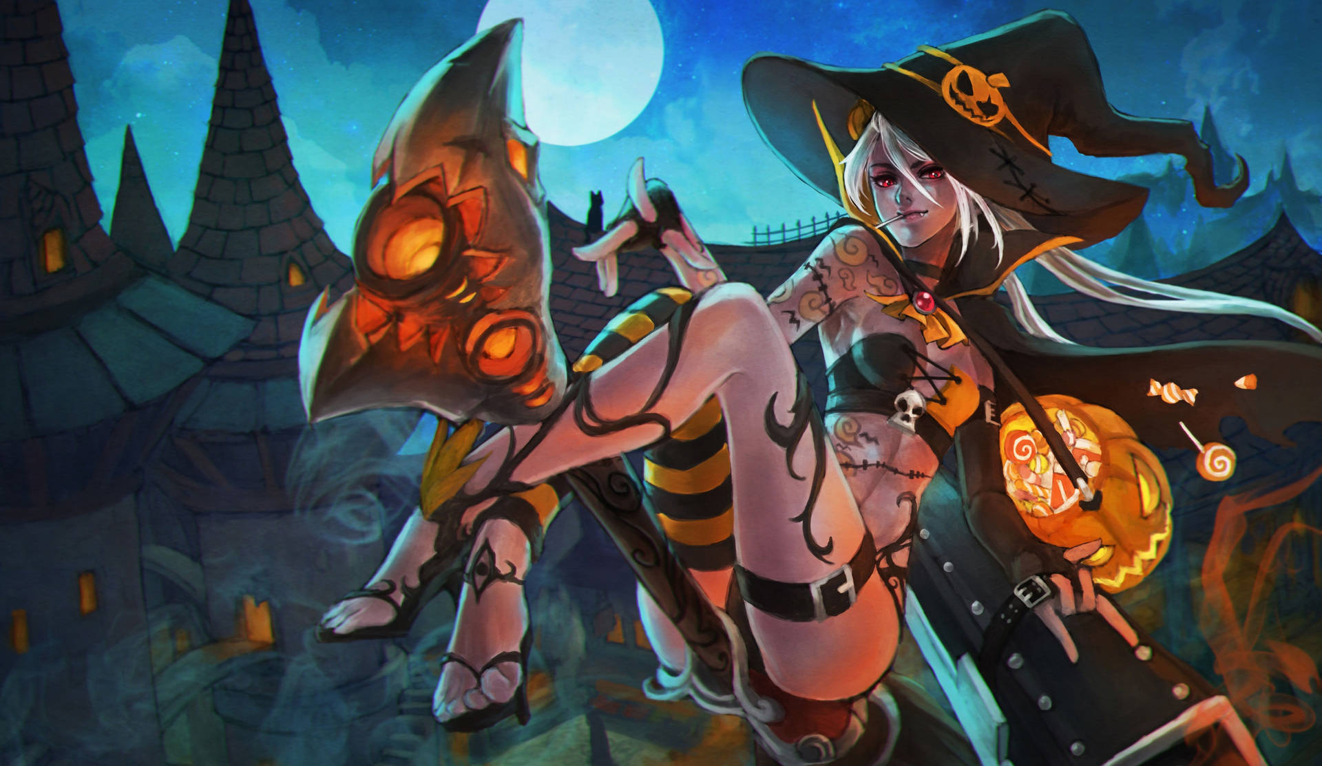 A Witch In A Costume Is Sitting On A Broom Background
