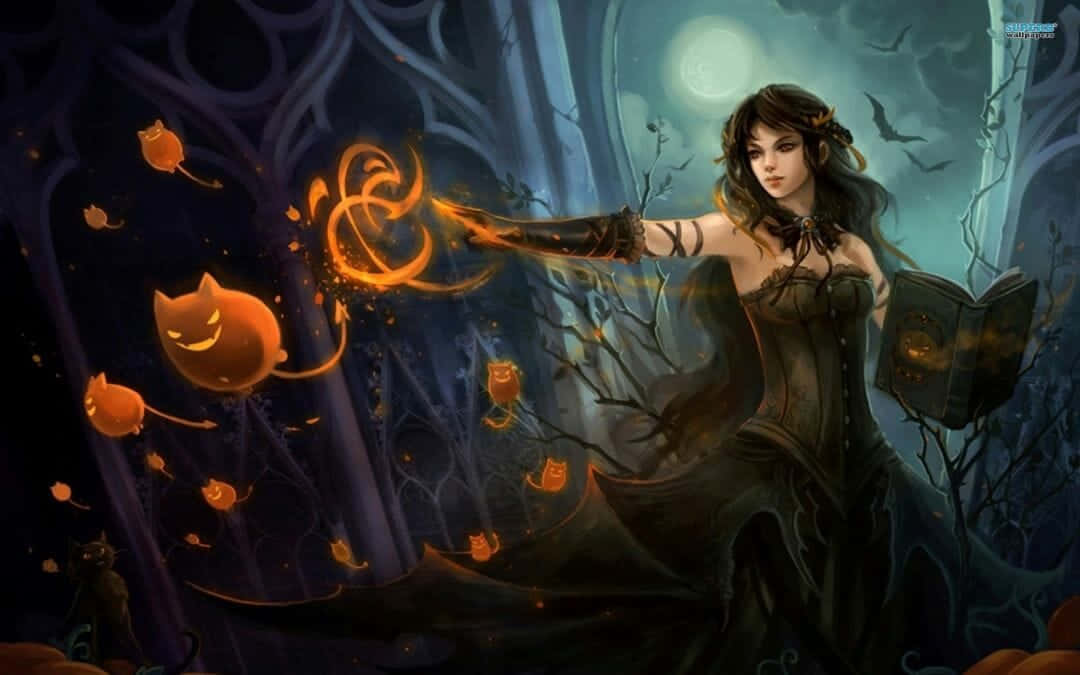 A Witch In Black Holding Pumpkins Background