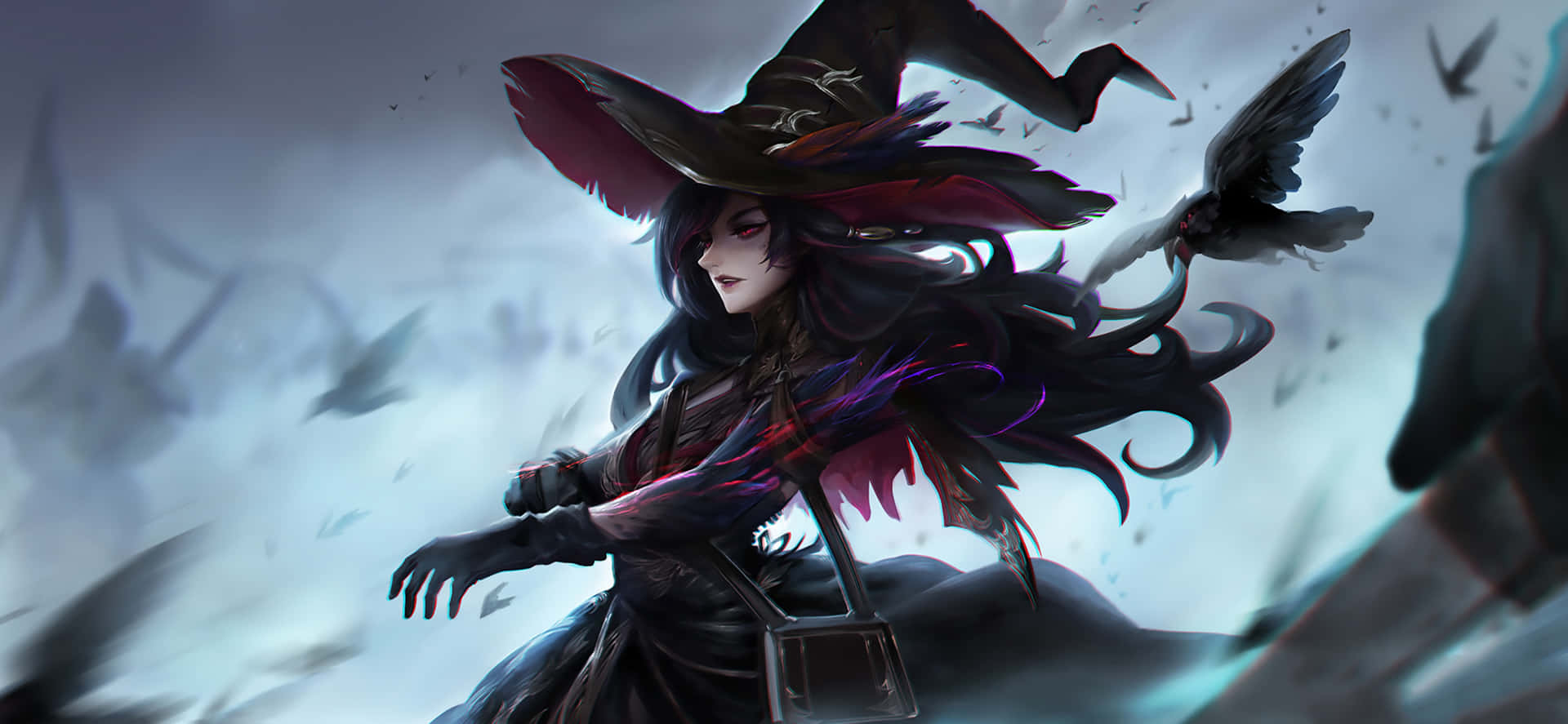 A Witch With A Hat And A Crow Background