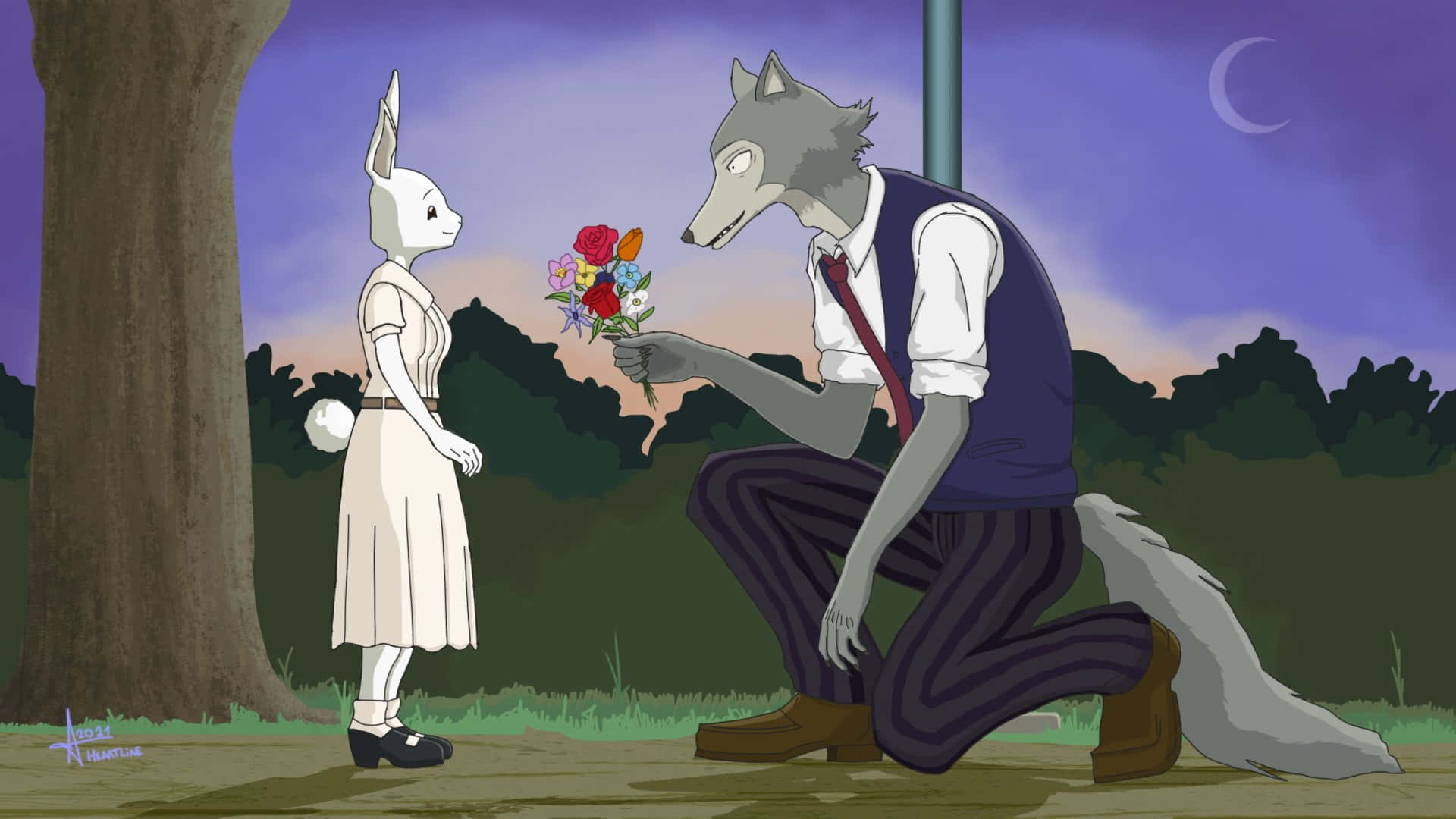 A Wolf And A Girl Giving Each Other Flowers Background