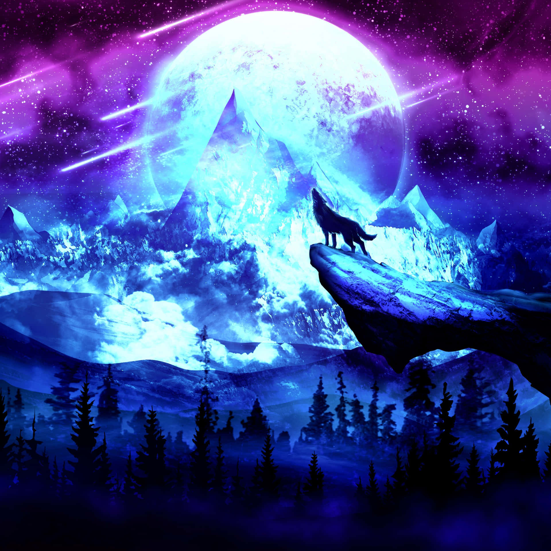 A Wolf Is Standing On A Mountain Top With A Full Moon Background
