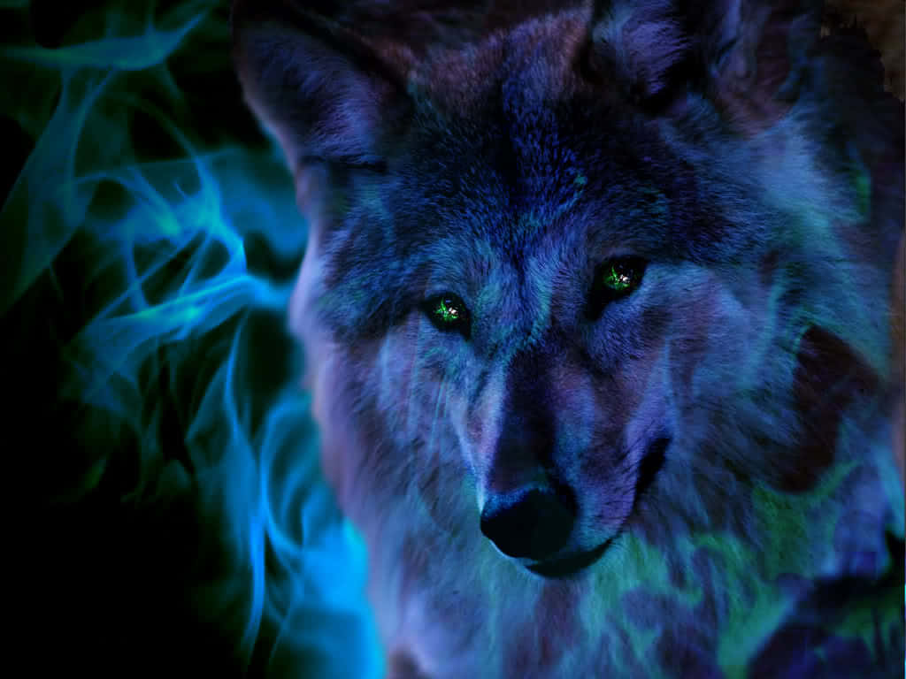 A Wolf Stands Between A Raging River And Raging Fire, A Powerful Symbol Of Duality. Background