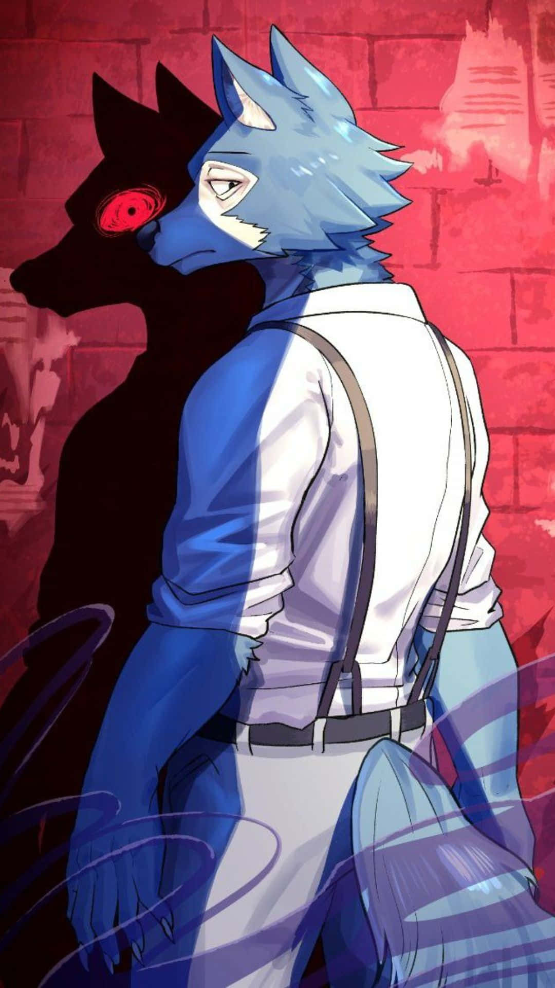 A Wolf With A Blue And White Shirt And A Red Background Background