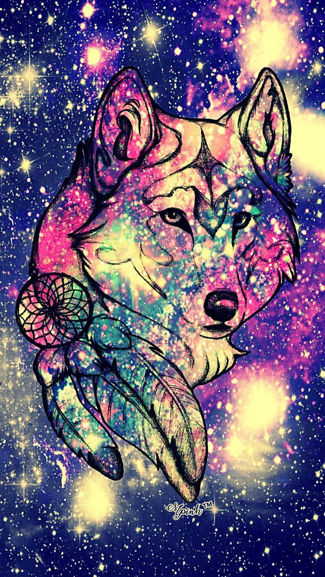 A Wolf With A Colorful Background And Stars Background