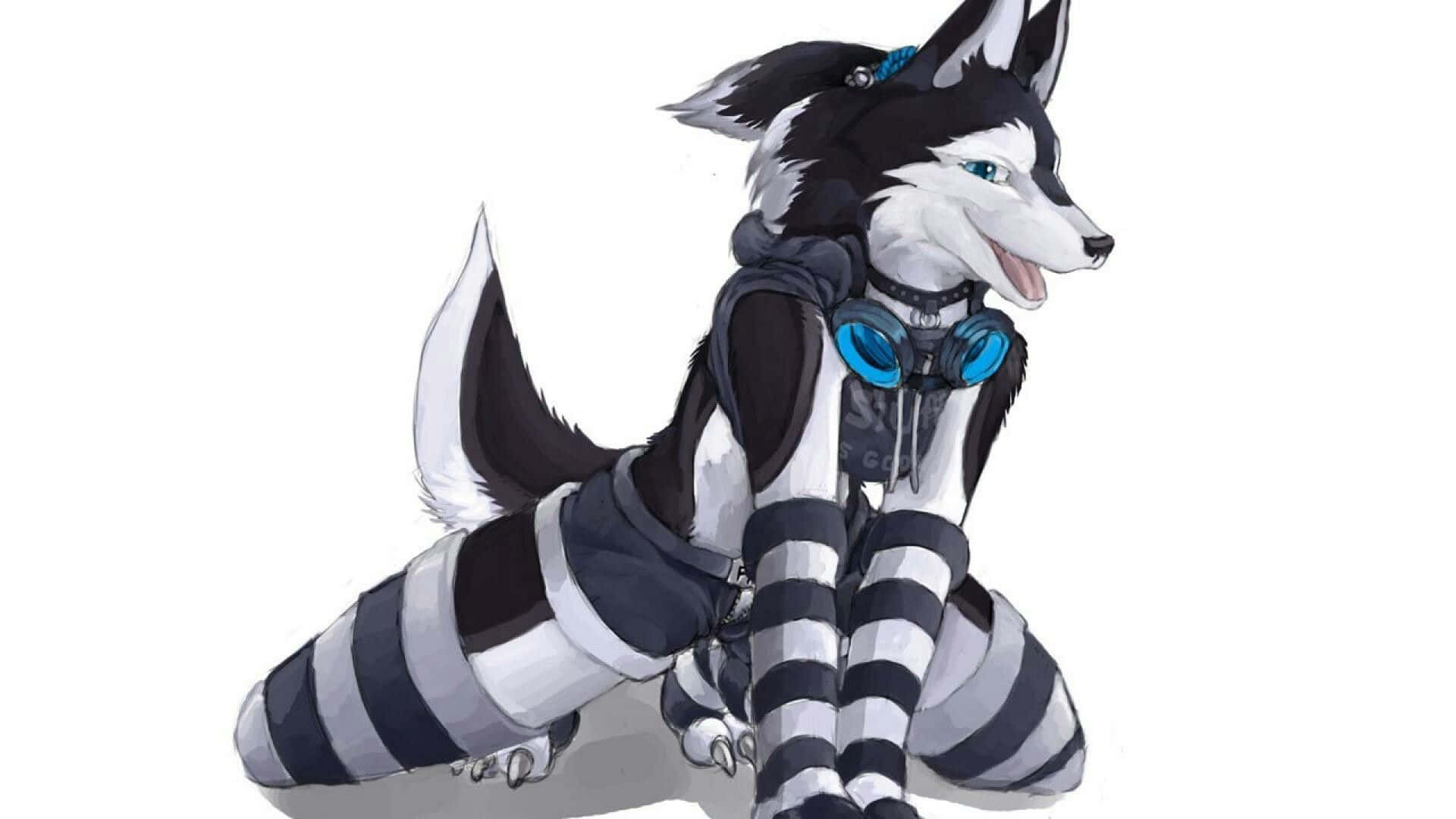 A Wolf With Blue And Black Stripes Sitting Down