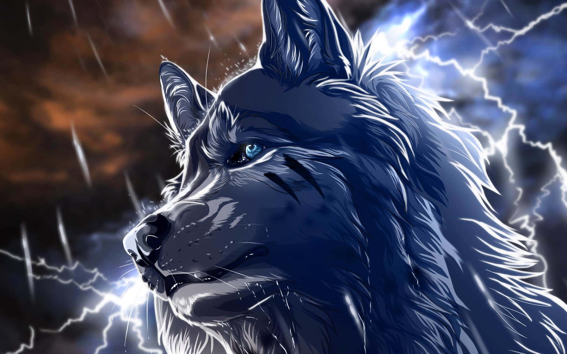 A Wolf With Blue Eyes And Lightning Behind It Background