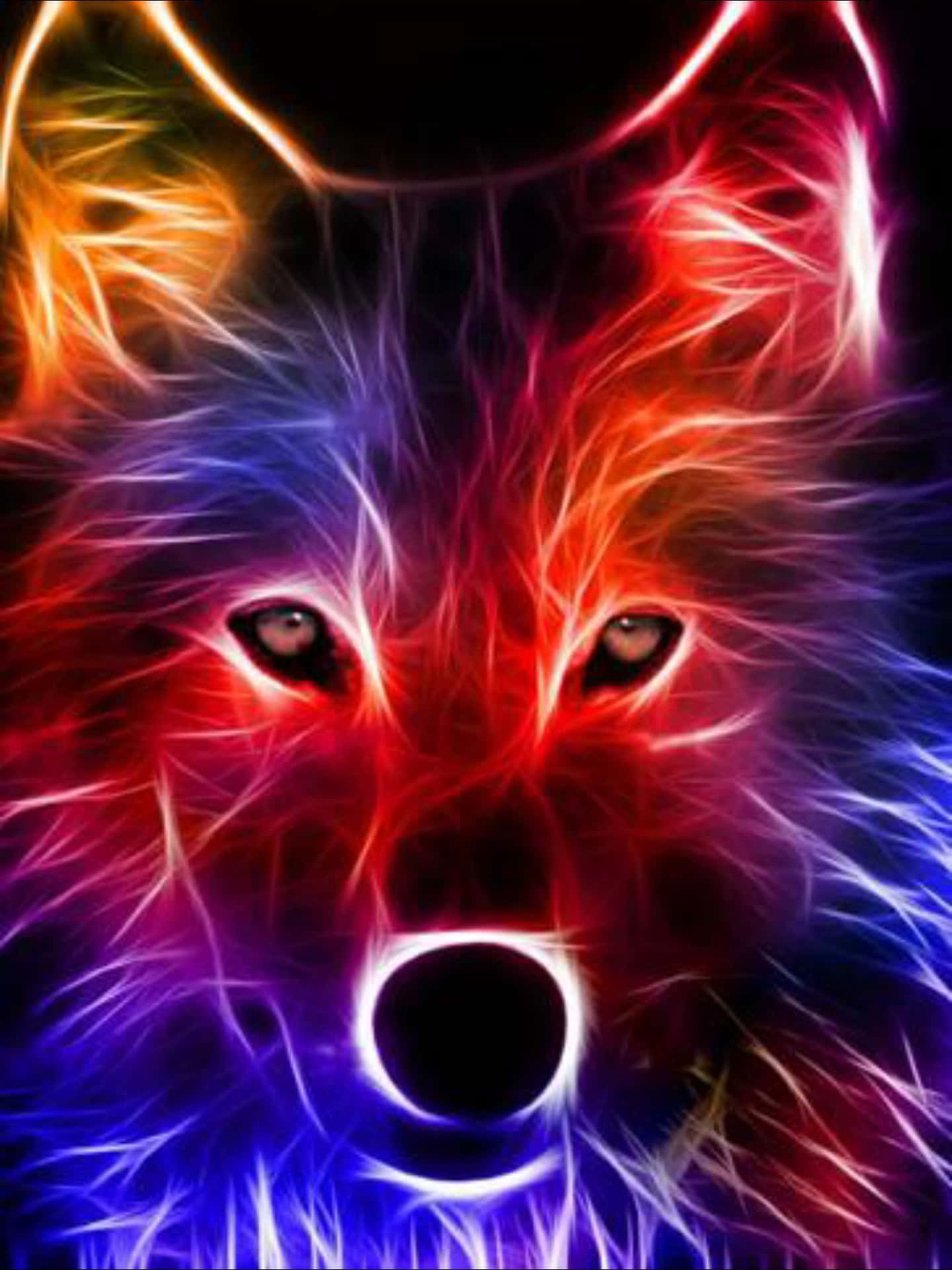 A Wolf With Colorful Eyes On A Black Background Background