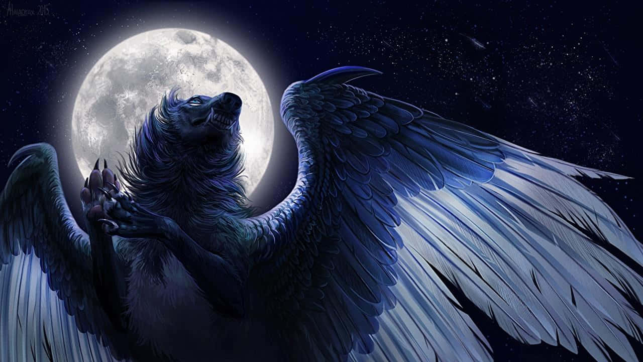 A Wolf With Wings In Front Of The Moon