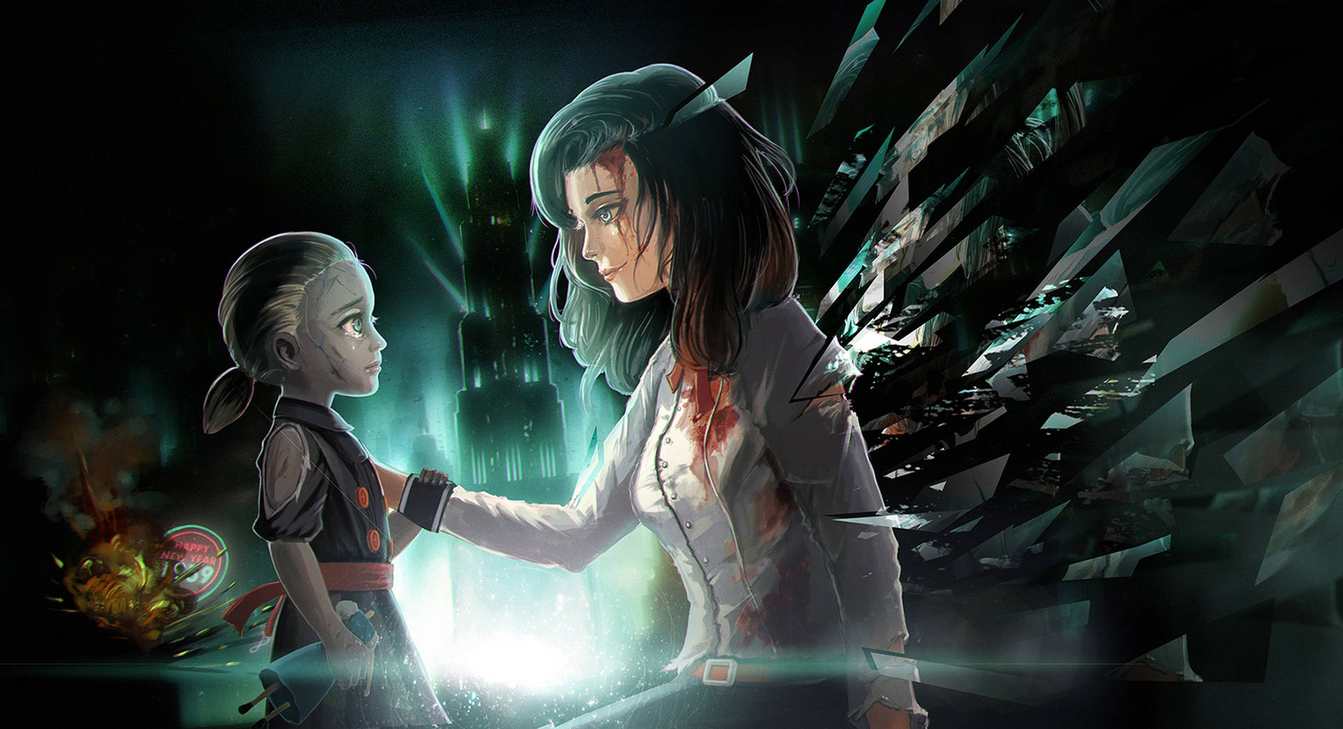 A Woman And A Girl Standing In Front Of A Dark Background Background