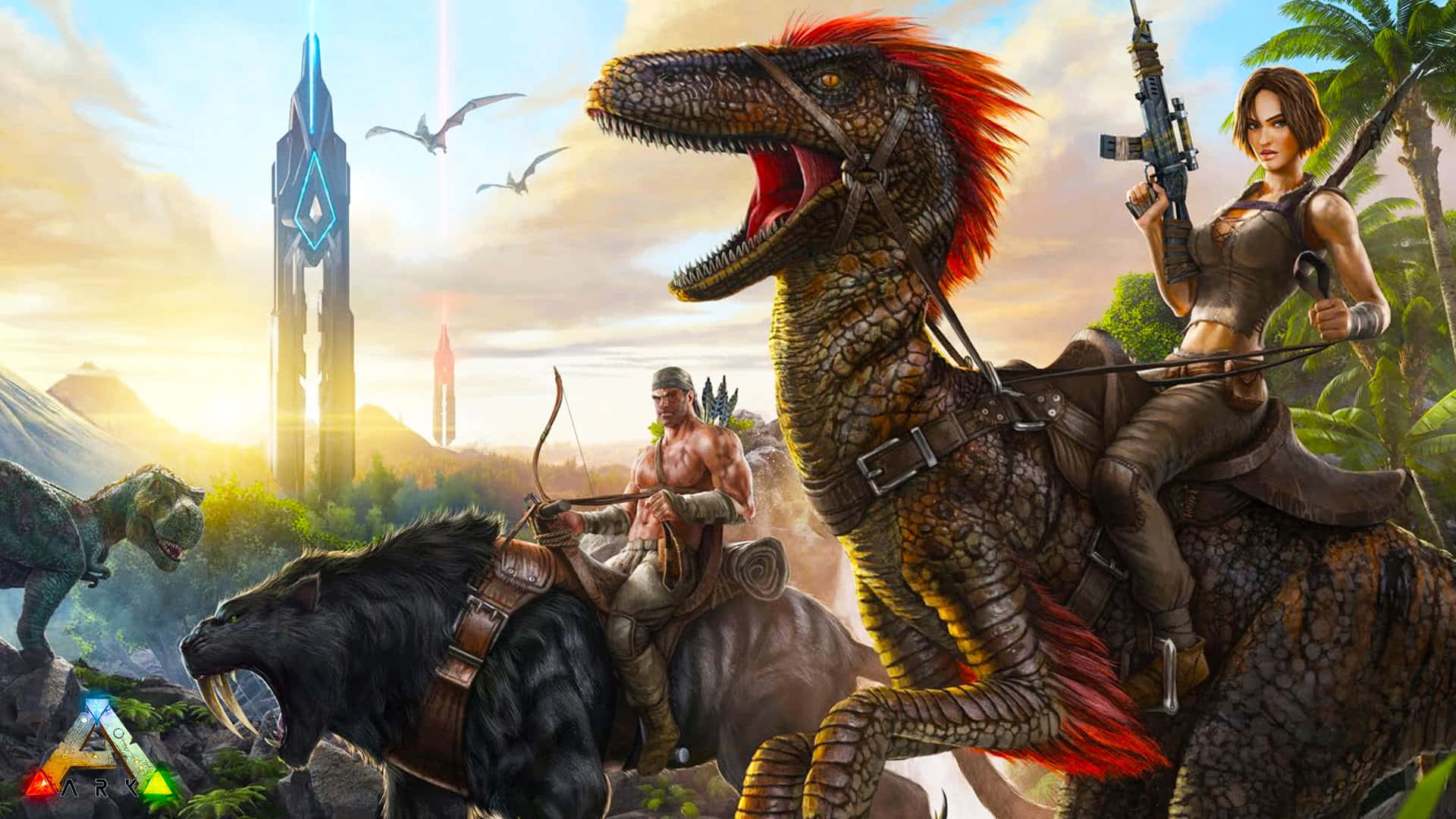 A Woman And A Man Riding Dinosaurs In A Game