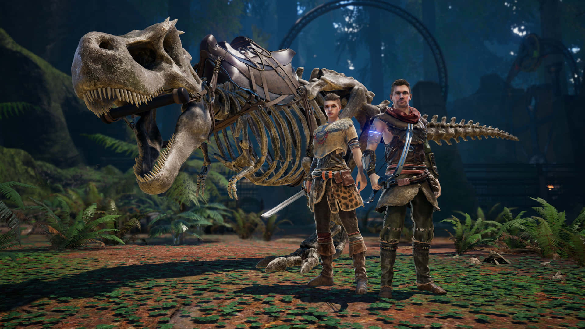 A Woman And A Man Standing In Front Of A Dinosaur Skeleton Background