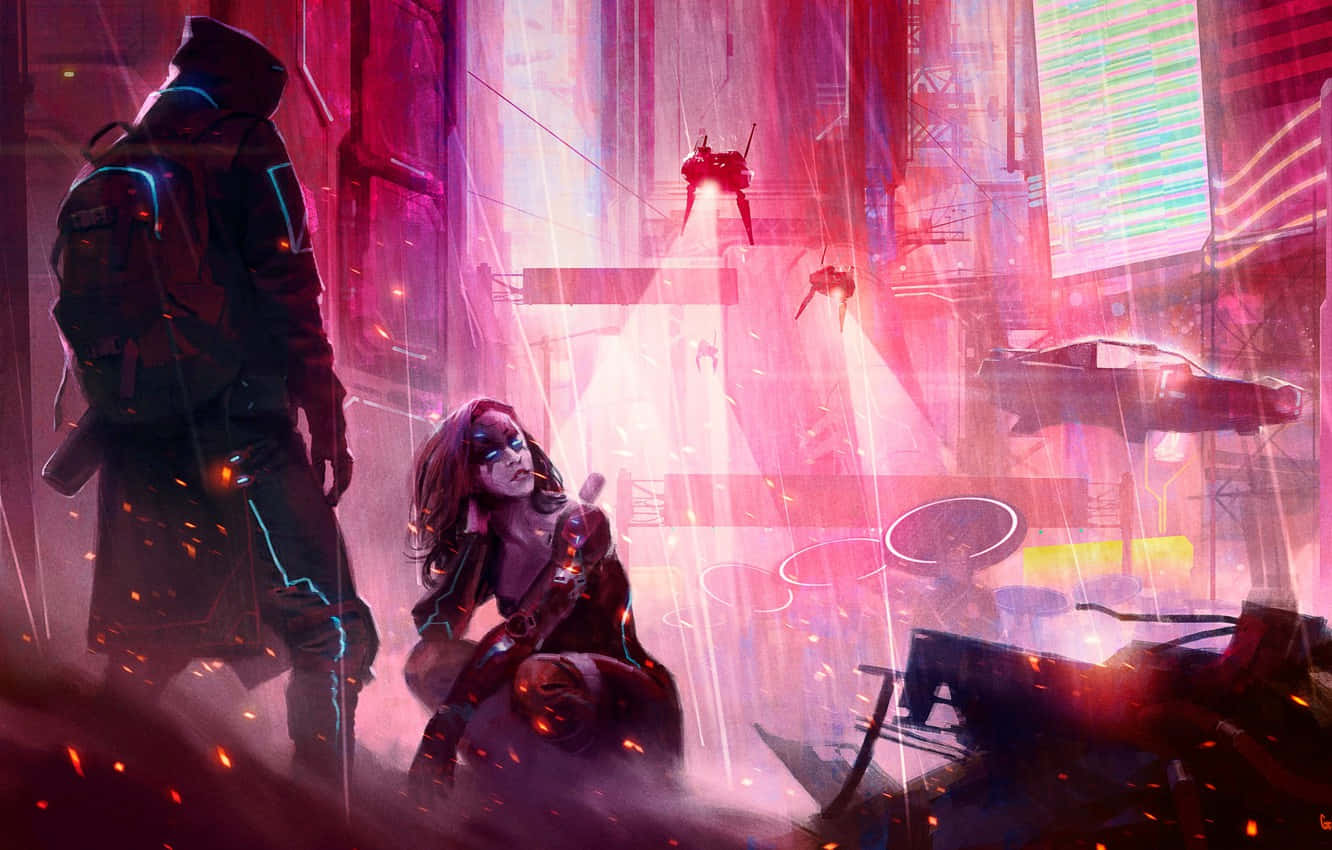 A Woman And Man Standing In A City With Neon Lights Background