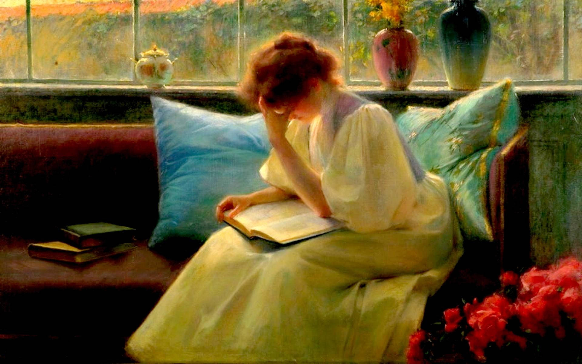 A Woman Engrossed In Reading A Book In An Artistic Painting. Background