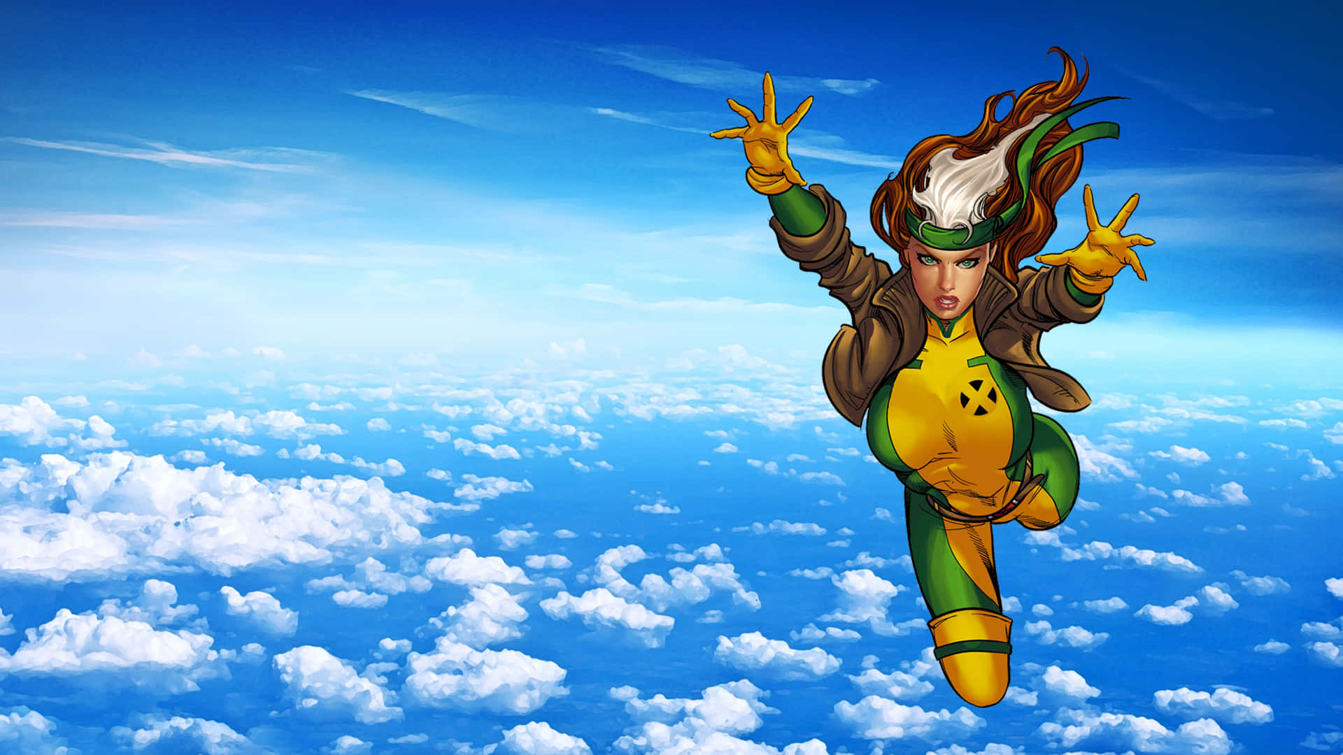 A Woman Flying In The Sky With Her Arms Out Background