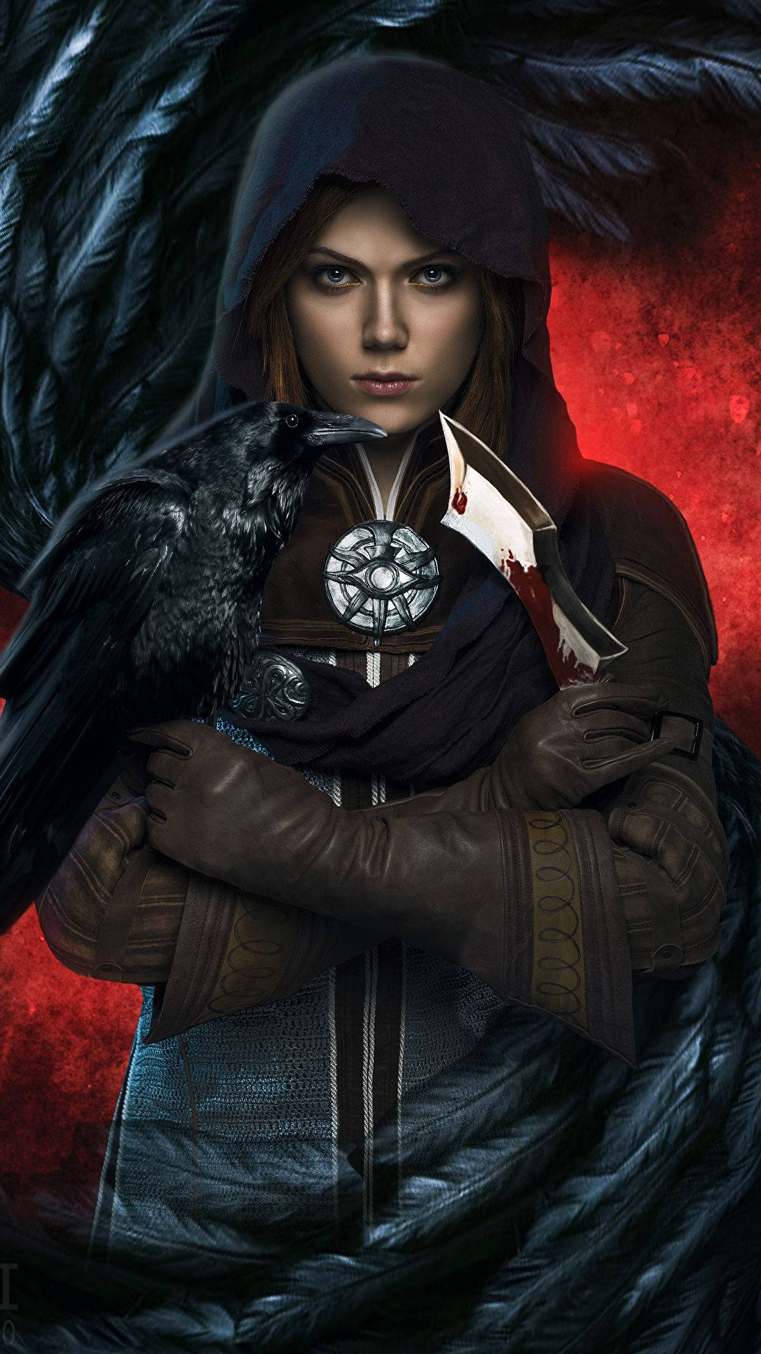 A Woman Holding A Crow And A Knife