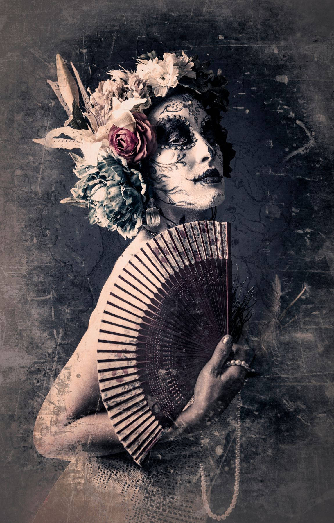 A Woman Holding A Fan And Flowers Background