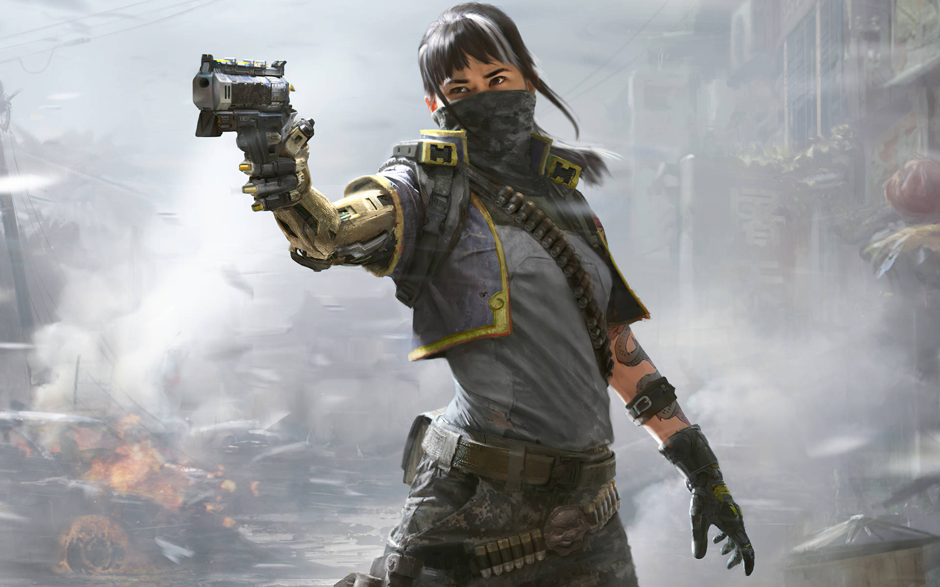 A Woman Holding A Gun In A City Background