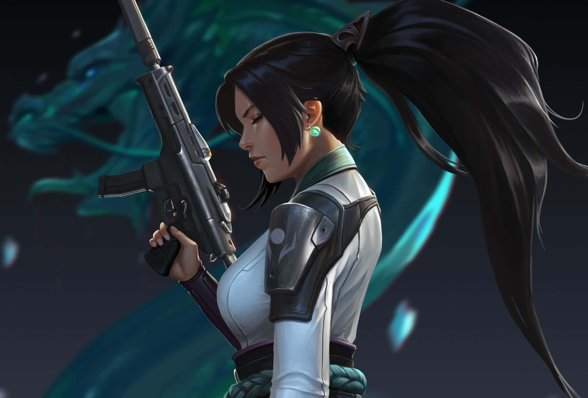 A Woman Holding A Gun With A Dragon Behind Her Background