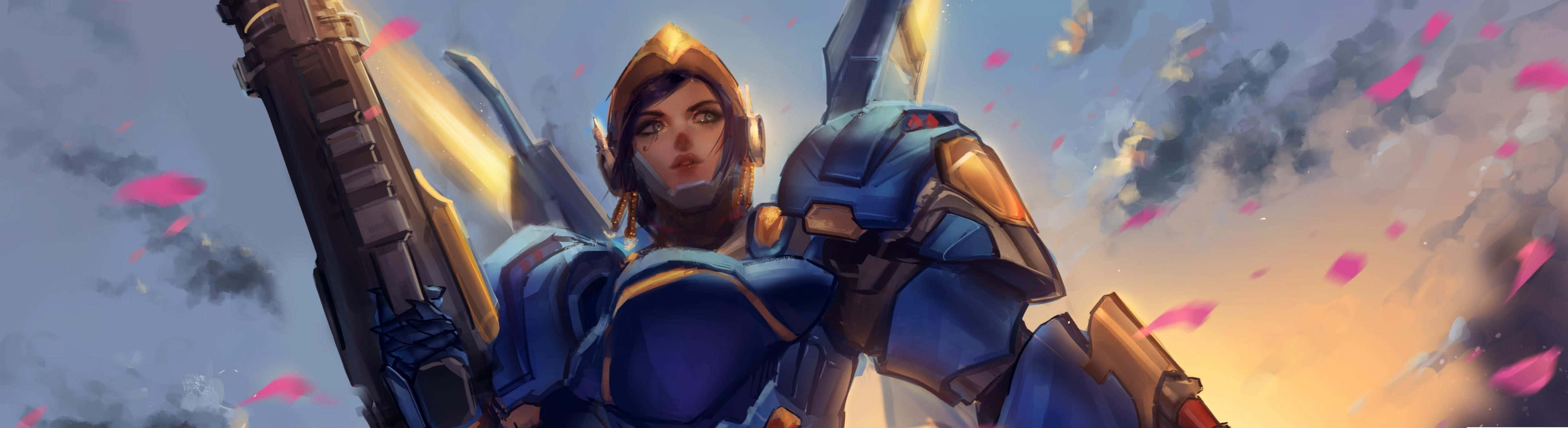 A Woman Holding A Sword In The Sky Background