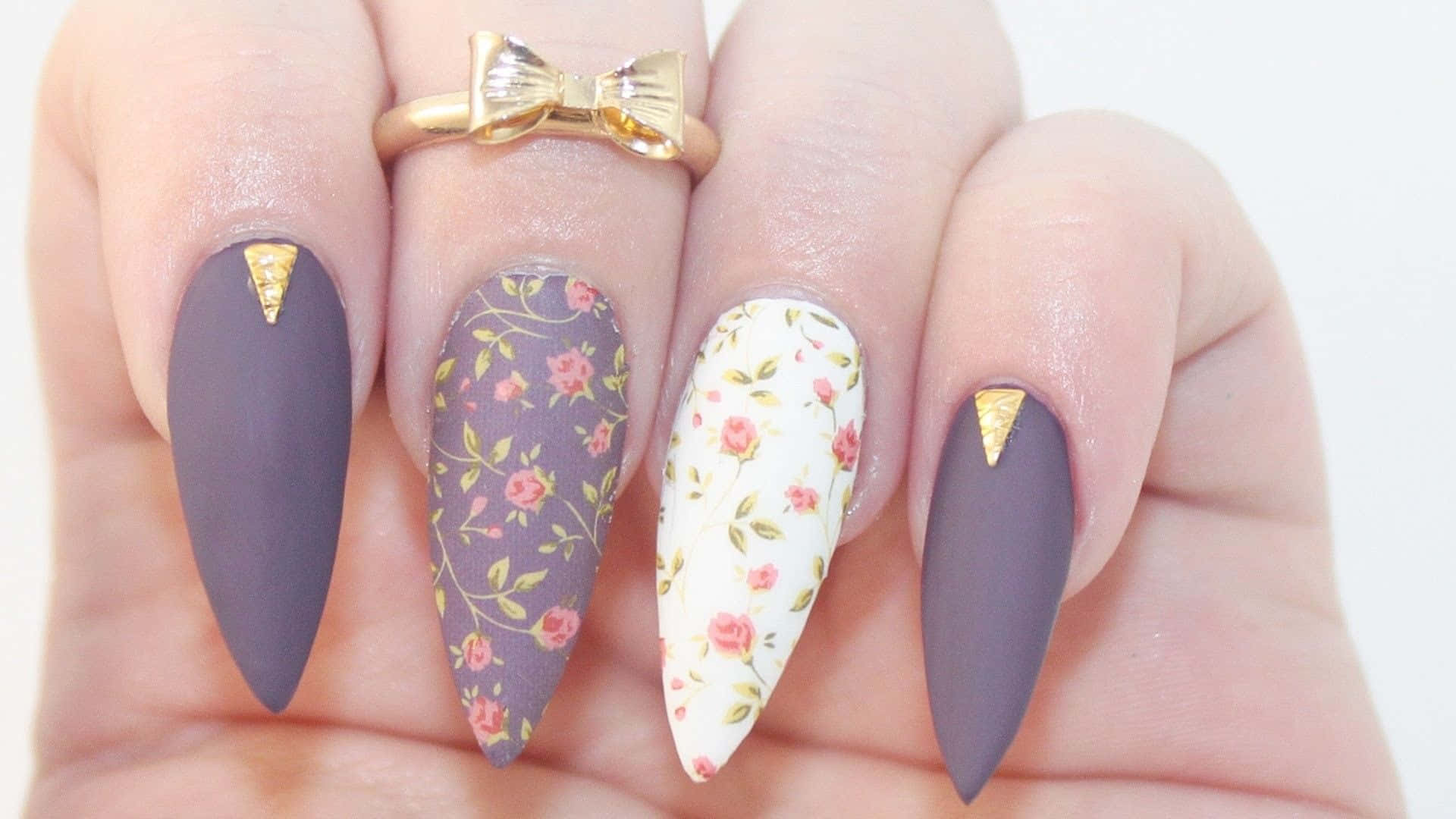 A Woman Holding Up A Flower Nail Art Design Background