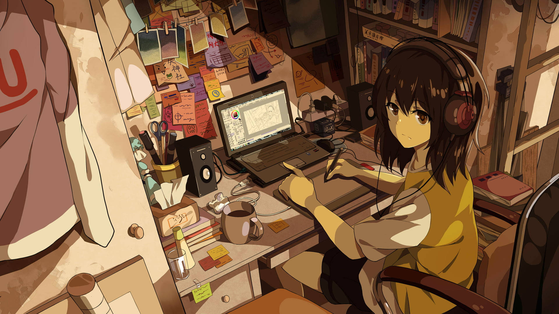 A Woman Hunched Over Her Messy Desk, Deeply Engrossed In Her Work Background