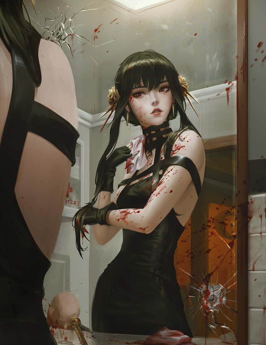 A Woman In A Black Dress Is Standing In Front Of A Mirror Background
