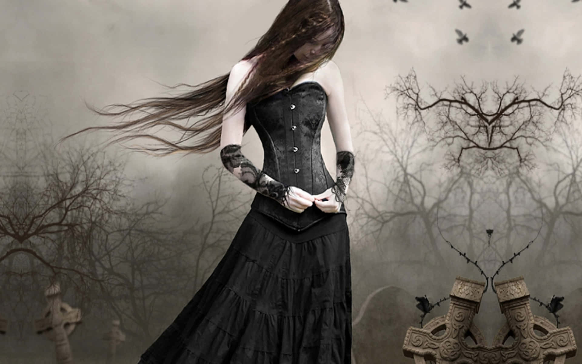 A Woman In A Black Dress Standing In A Cemetery Background