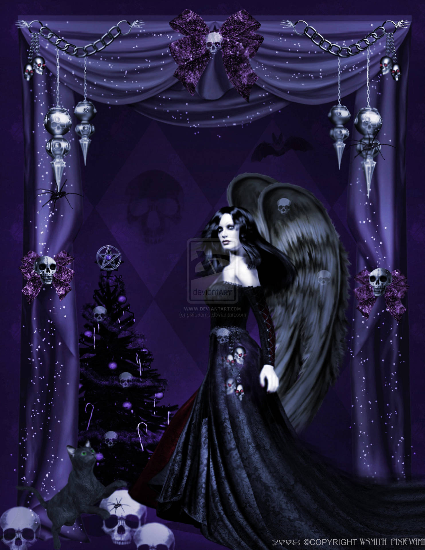 A Woman In A Black Dress With A Skull And A Wreath