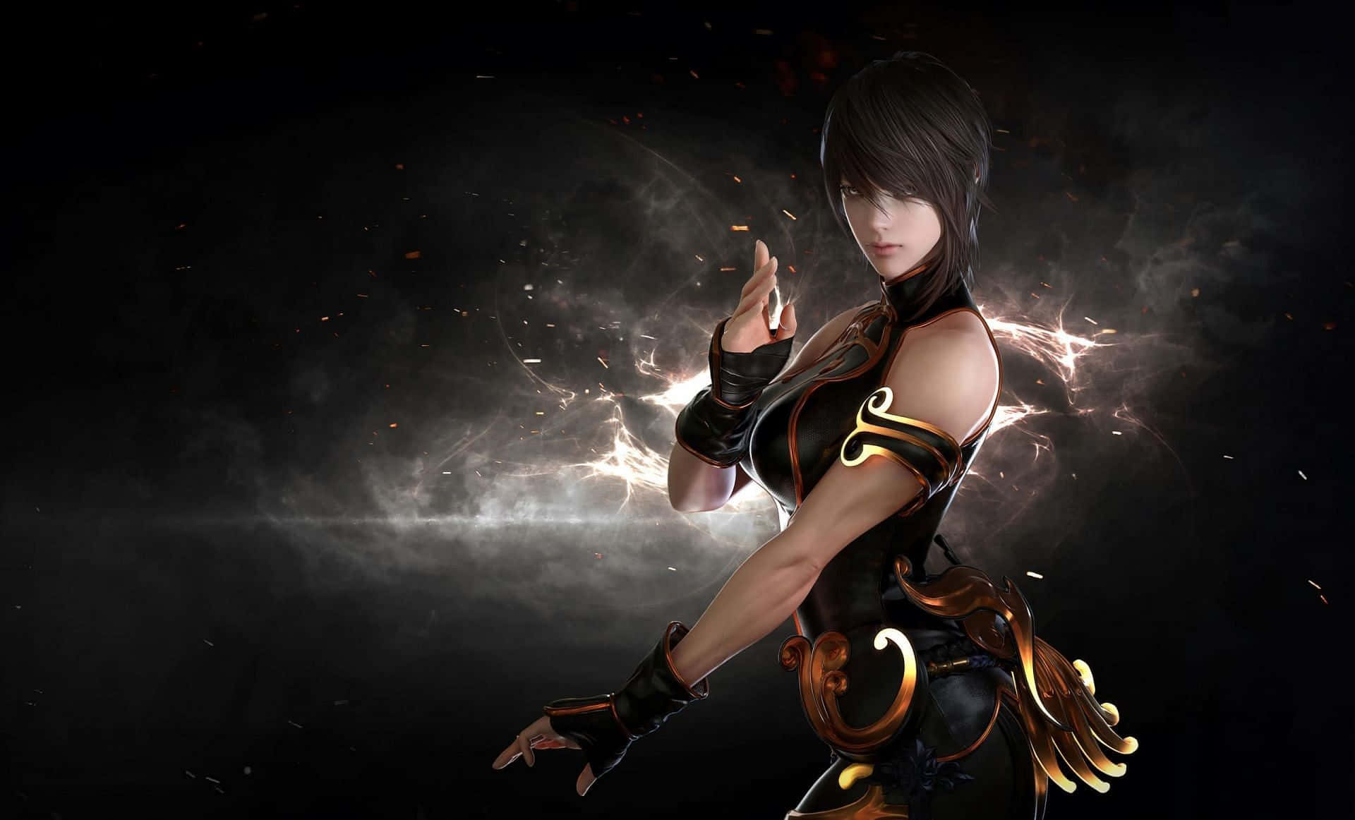 A Woman In A Black Outfit With A Sword Background